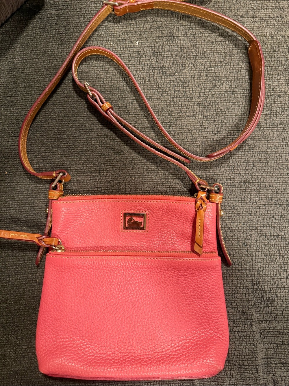 Dooney & Bourke Coral Pink Pebbled Leather Crossbody with Tan Trim
